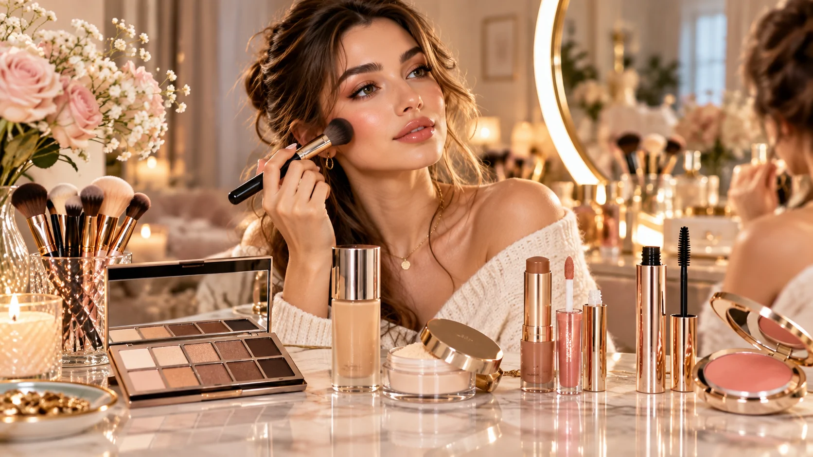 Create a high-end photorealistic beauty editorial featured image for an article titled “8 Makeup By Mario Essential Techniques, Best Shades, and Product Picks.” Feature an elegant modern makeup vanity scene with a sophisticated woman applying makeup while surrounded by premium-looking complexion, eyeshadow, contour, mascara, lip gloss, and cheek products. Include a natural-finish foundation bottle, neutral eyeshadow palette with champagne-to-chocolate shades, glossy lip products, mascara, translucent setting powder, cream contour stick, and a soft cheek product arranged beautifully on a luxurious marble vanity. Use a warm neutral, nude, champagne, soft beige, and subtle rose-pink color palette, with polished gold accents and soft natural window light combined with elegant vanity lighting. Show a flawless but realistic makeup look with softly sculpted cheeks, defined eyes, glowing skin, and glossy neutral lips. Add a large elegant round mirror in the background with subtle bokeh, makeup brushes, perfume bottles, and tasteful beauty accessories. The composition should feel luxurious, editorial, professional makeup-artist inspired, sophisticated, feminine, and premium, while remaining clean and uncluttered. Create strong visual hierarchy with the makeup products clearly visible in the foreground and the womanvanity providing depth in the background. Leave some clean negative space for the article title overlay. Style Hyper-realistic cinematic beauty photography, luxury editorial magazine aesthetic, photorealistic skin texture, realistic cosmetics packaging, soft depth of field, subtle reflections, premium studio photography, natural skin tones, elegant lighting, 8K ultra-detailed, high-end lifestyle photography. Aspect Ratio 169 — Featured Blog Image No readable brand logos, no watermark, no distorted hands, no extra fingers, no duplicate products, no artificial-looking skin, no excessive retouching, no messy composition.