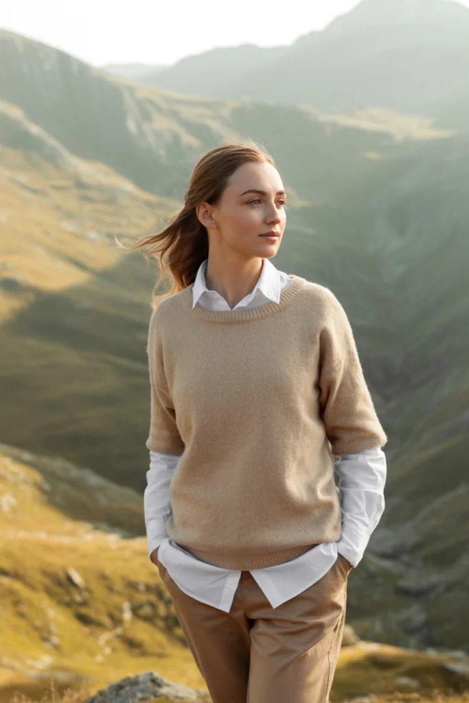 Layered Look: Button-Up Shirt Under a Cashmere Sweater