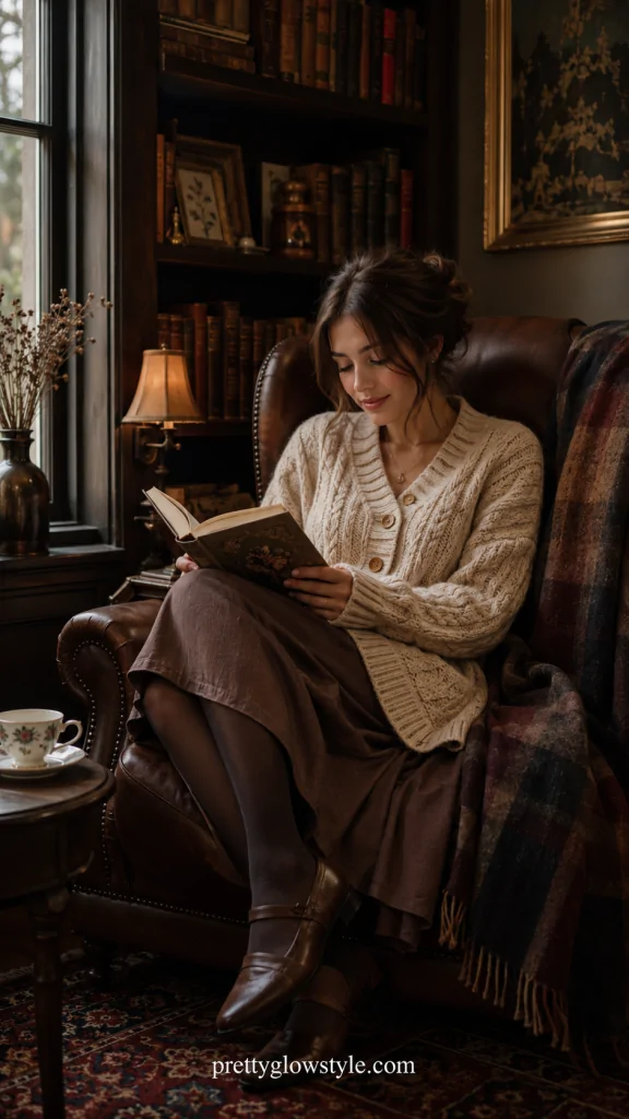 Cable knit cardigan with midi skirt and tights