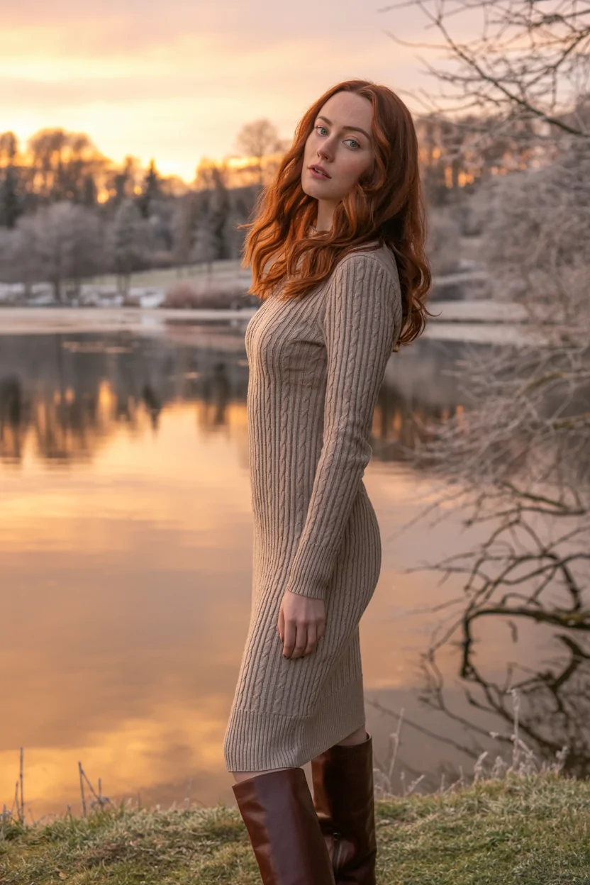 Cable knit sweater dress with knee-high boots