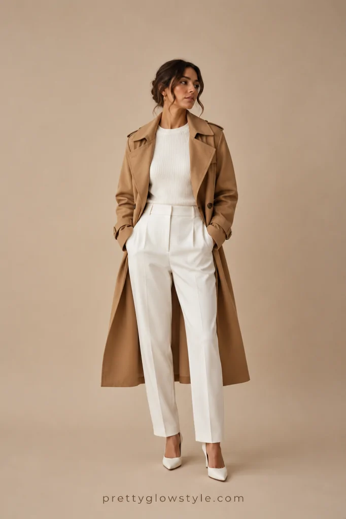 Camel trench coat over a monochrome outfit