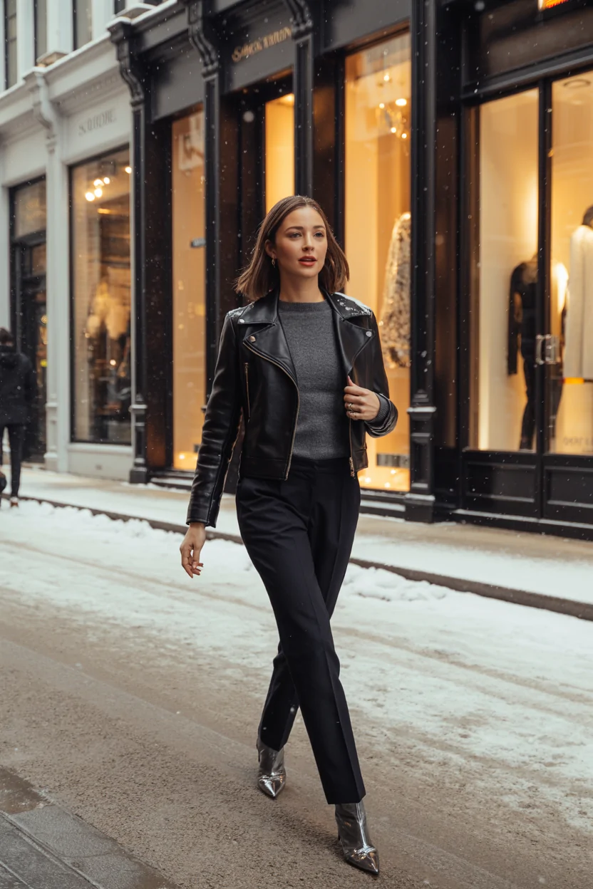 Classic Black Leather Jacket over a Thermal Top