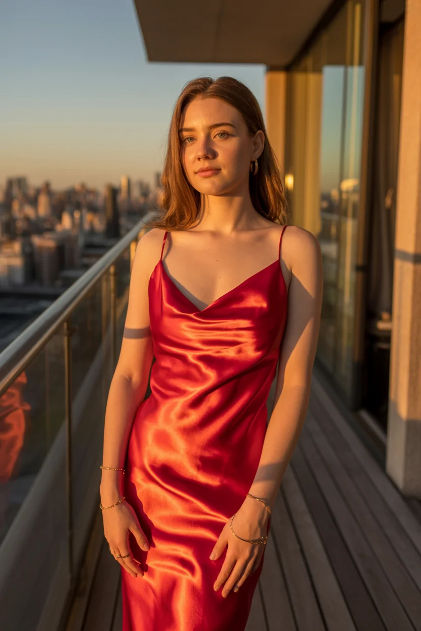 Classic Red Satin Dress With Minimalist Gold Accessories