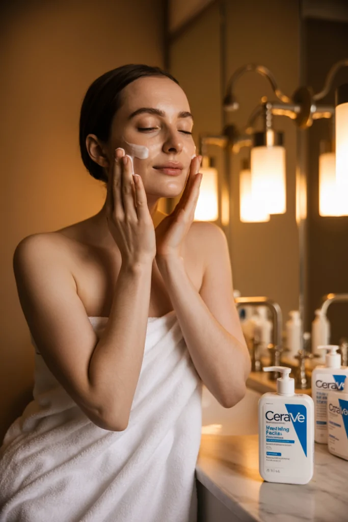 Cleanse twice daily with CeraVe Hydrating Facial Cleanser