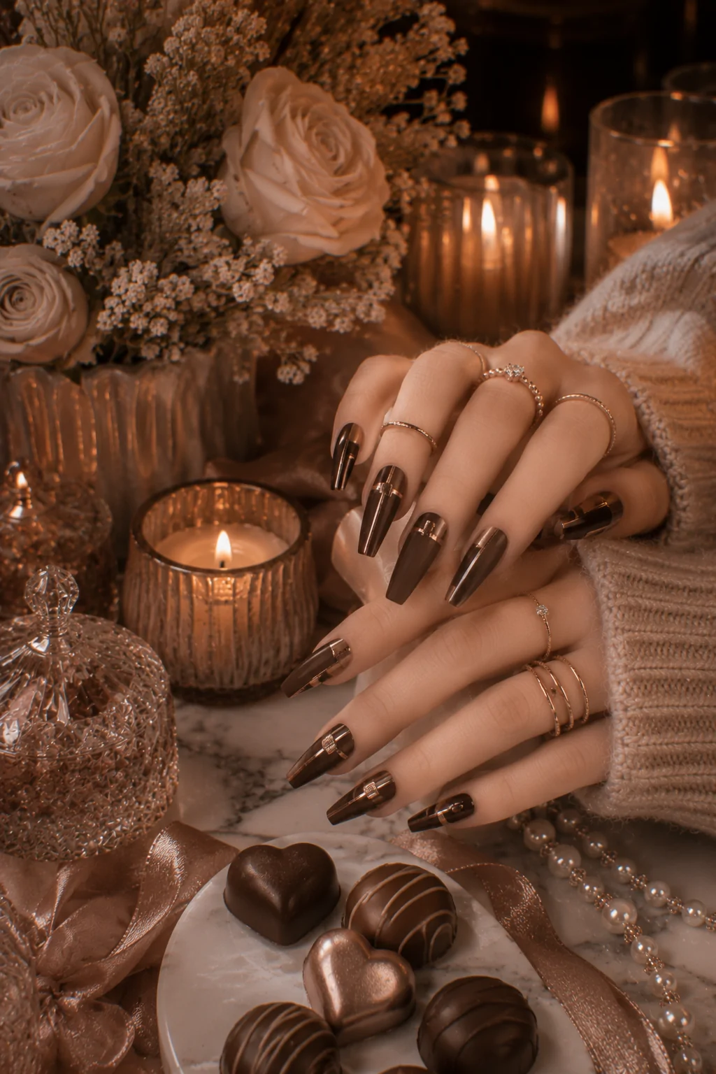 Dark Chocolate Brown Nails with Minimalist Rose Gold Geometric Shapes
