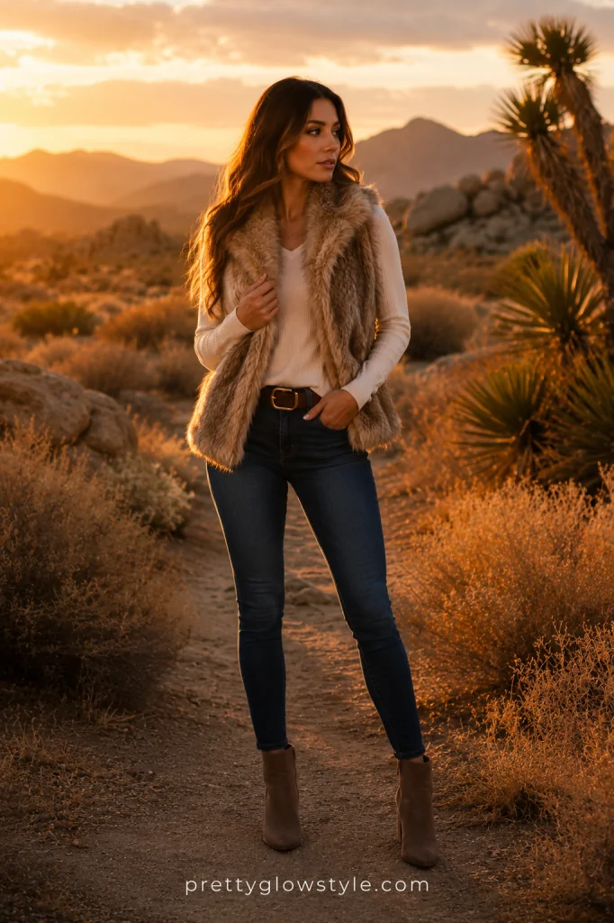 Faux fur vest combined with skinny jeans
