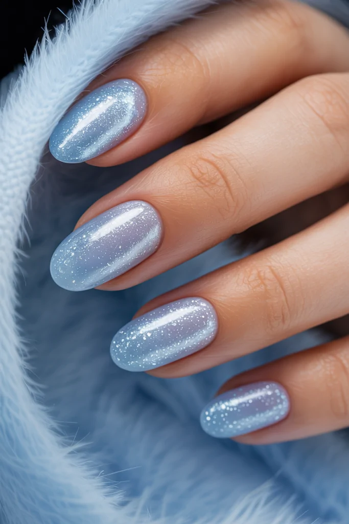 Frosted Glitter Icy Blue Nails