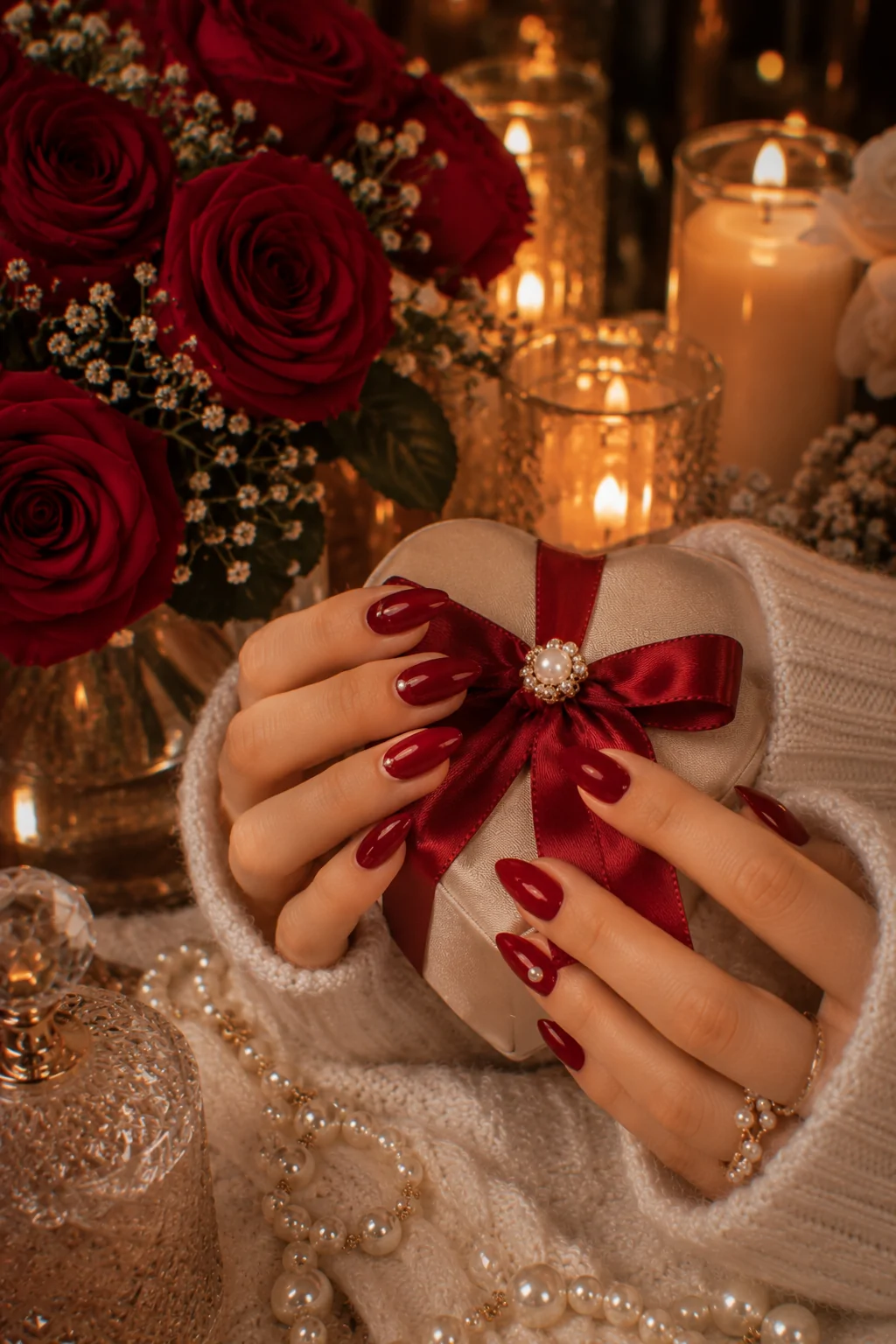 Glossy Cherry Red Nails with a Single Almond-Shaped Pearl Accent