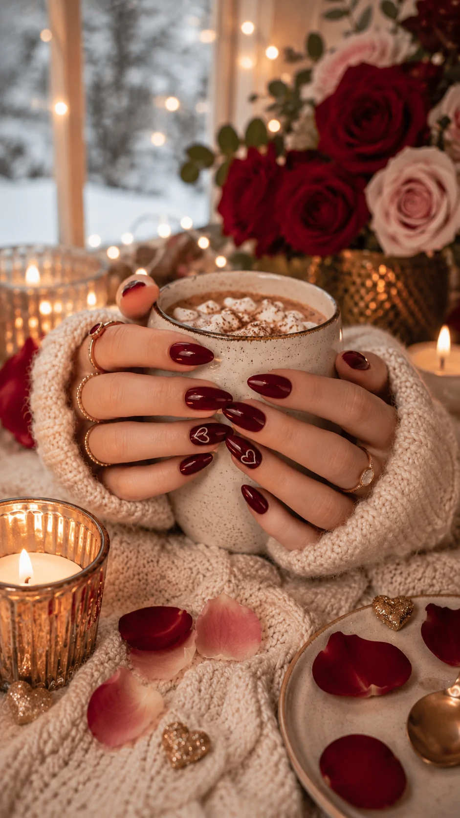 Glossy Deep Red Almond-Shaped Nails with Subtle Heart Accents