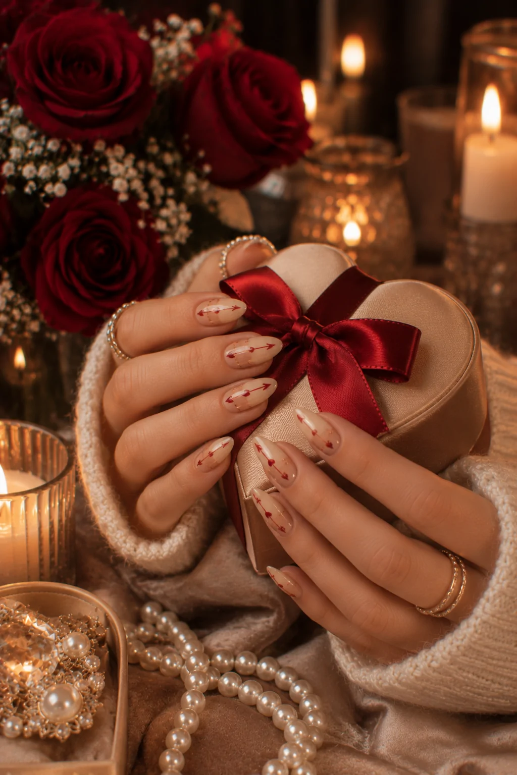 Glossy Nude Nails with a Red Cupid's Arrow Graphic