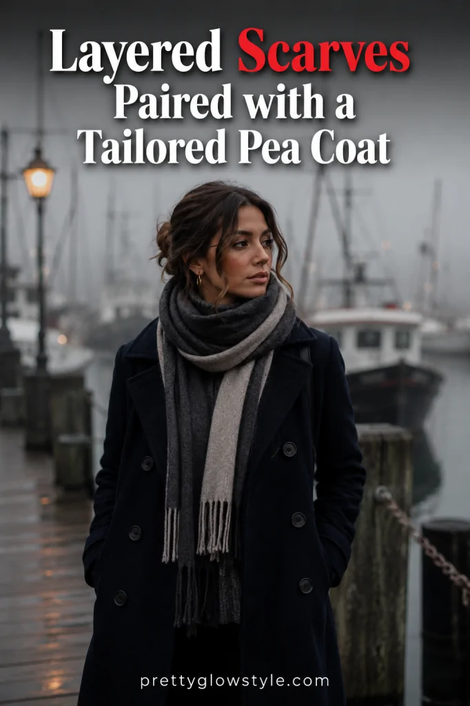 Layered scarves paired with a tailored pea coat