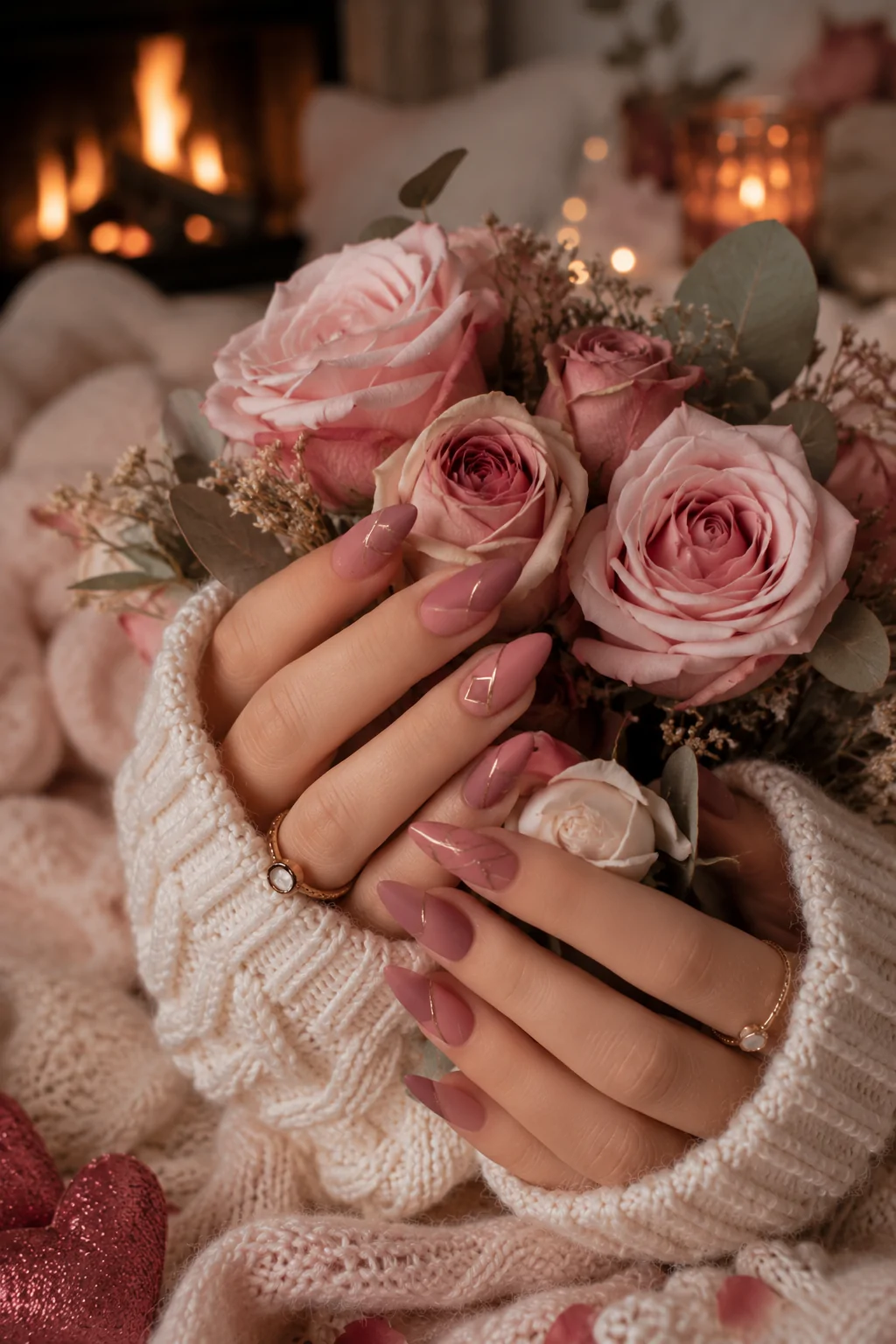 Matte Dusty Rose Nails Paired with Minimalist Gold Line Art