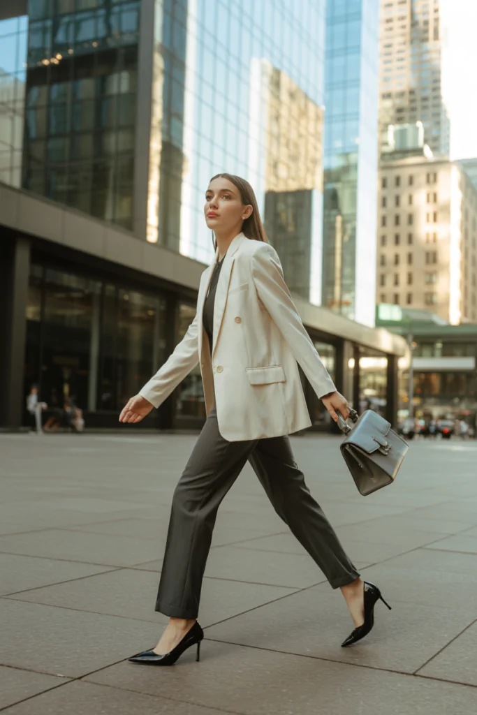 Neutral-Toned Oversized Blazer with Slim Trousers