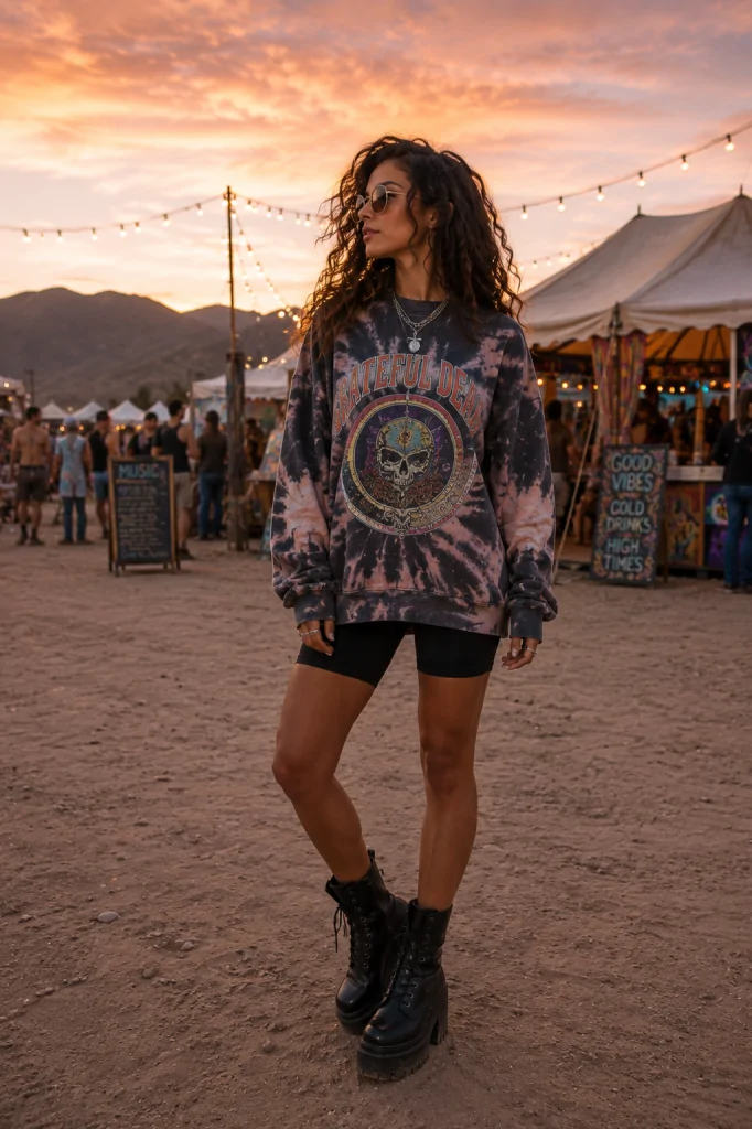 Oversized Graphic Sweatshirt With Biker Shorts and Platform Boots