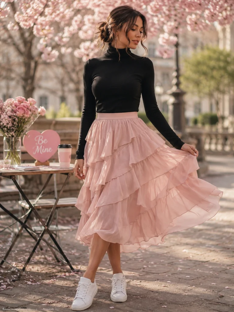 Pink ruffled midi skirt