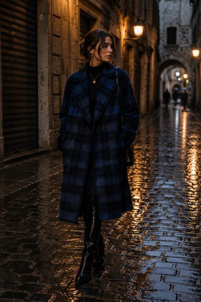Plaid wool coat with black leather boots