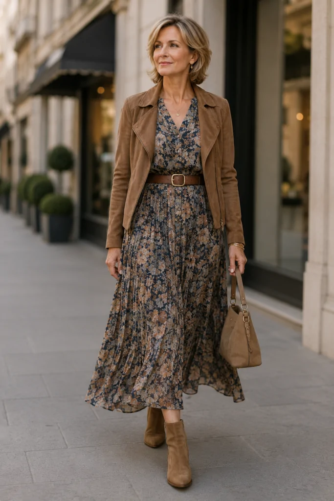 Printed Maxi Dress with Ankle Boots