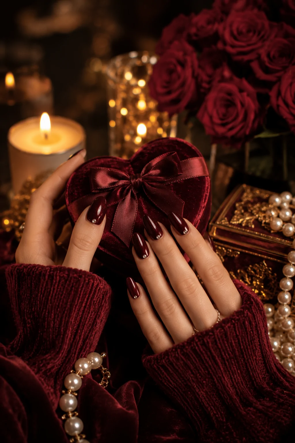 Rich Burgundy Nails with a Hint of Shimmer and Tiny Rhinestones