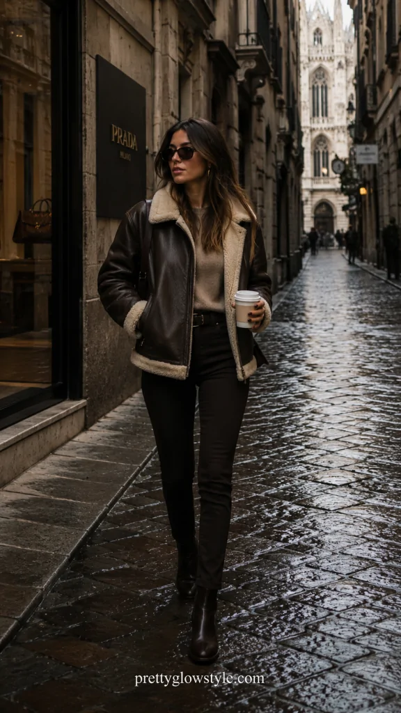 Shearling-lined bomber jacket with slim pants
