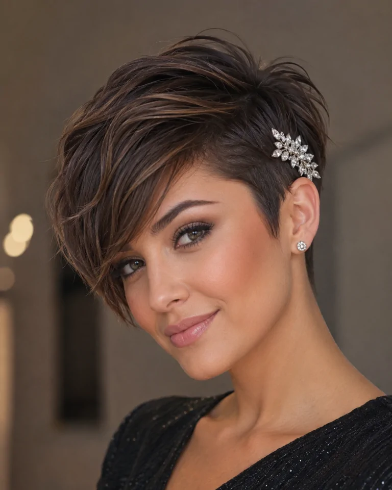 Side-swept pixie with sparkly clip