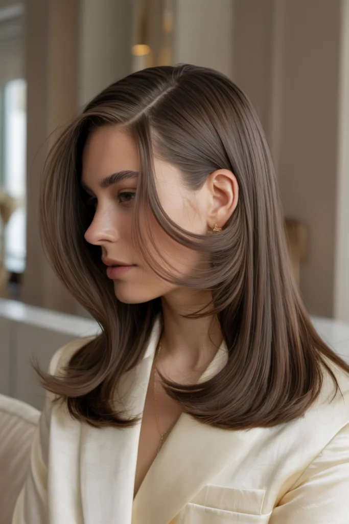 Sleek straight hair with a deep side part