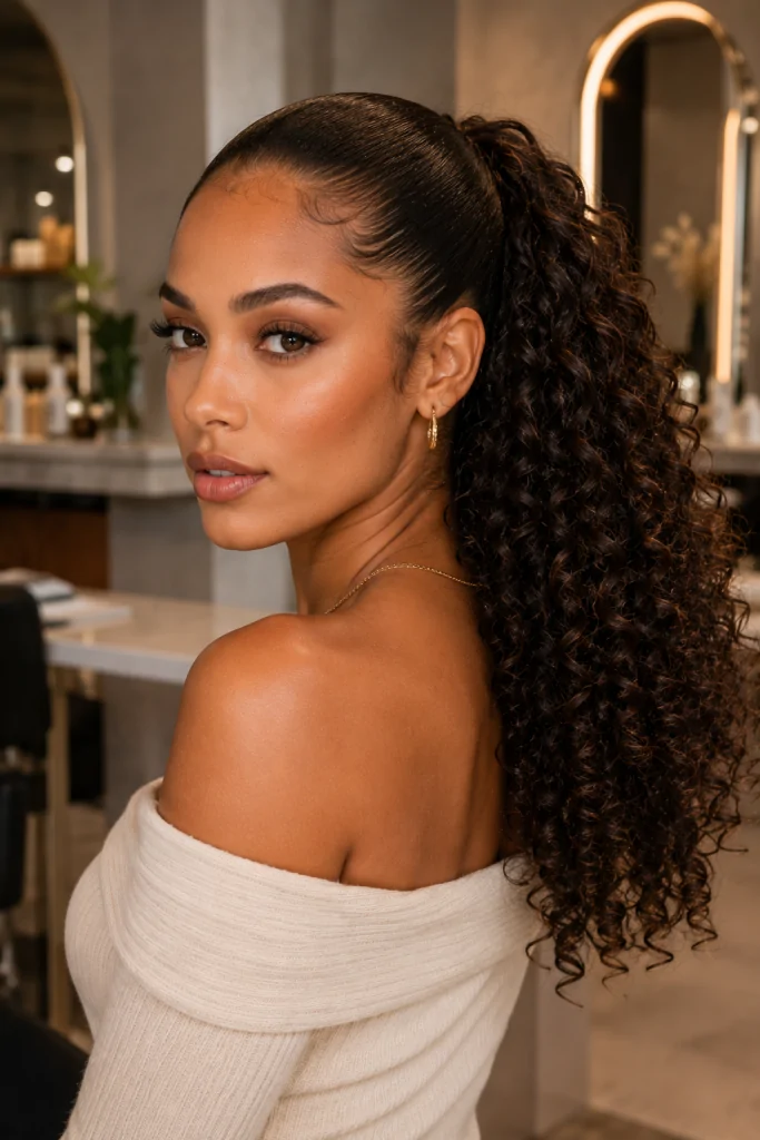 Slicked-Back Curly Ponytail