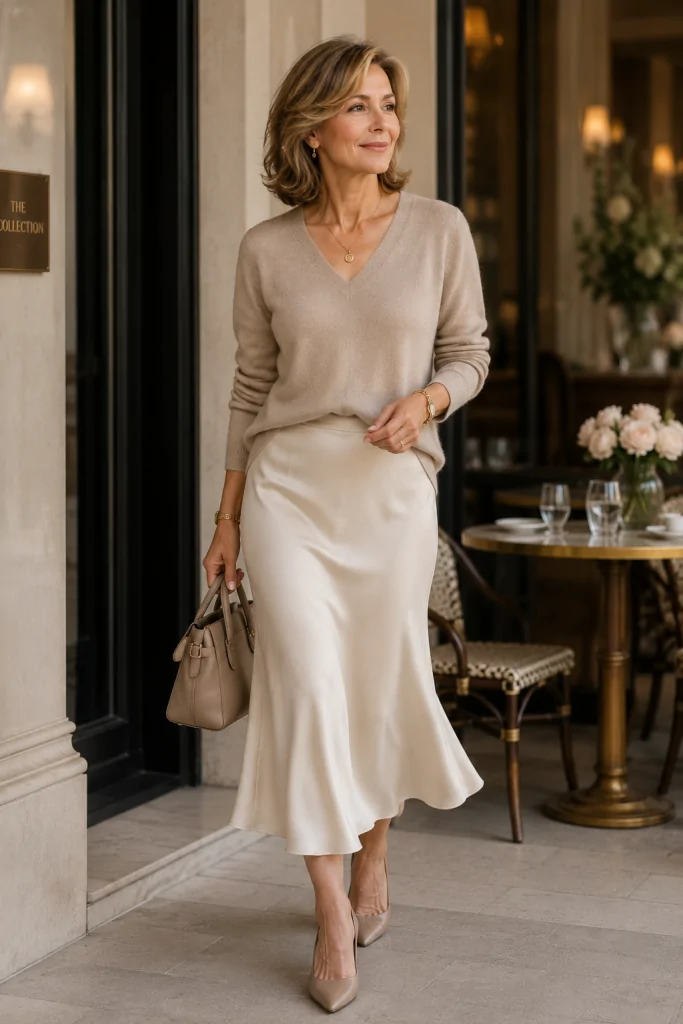 Soft Cashmere Sweater with Midi Skirt