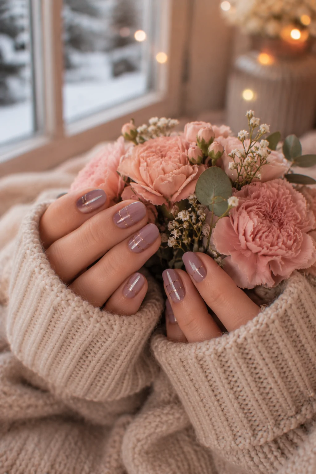 Soft Mauve Nails Featuring Slim Metallic Stripes