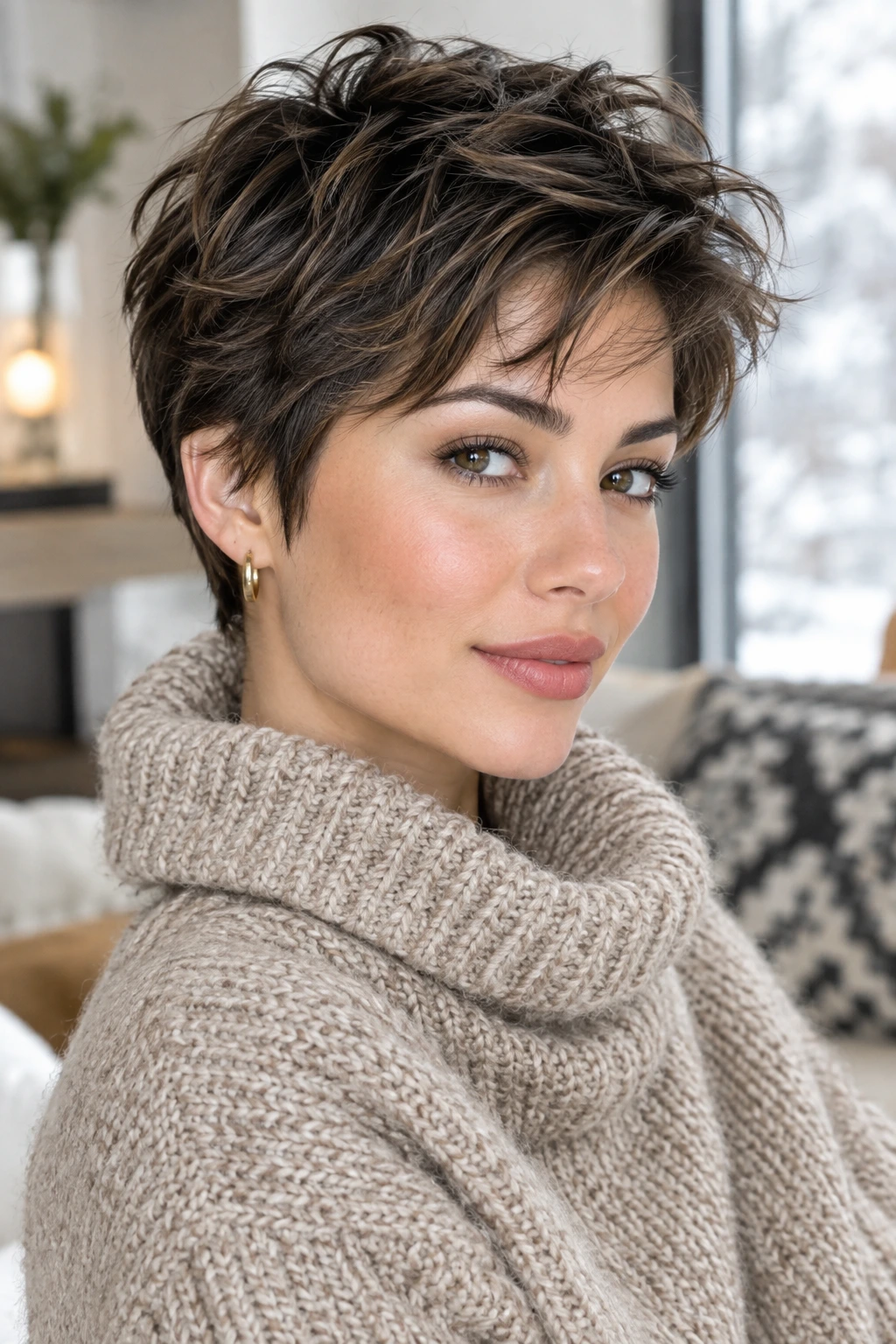 Textured pixie cut for winter warmth