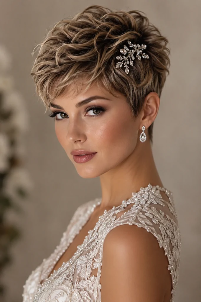Textured pixie cut with jeweled pins