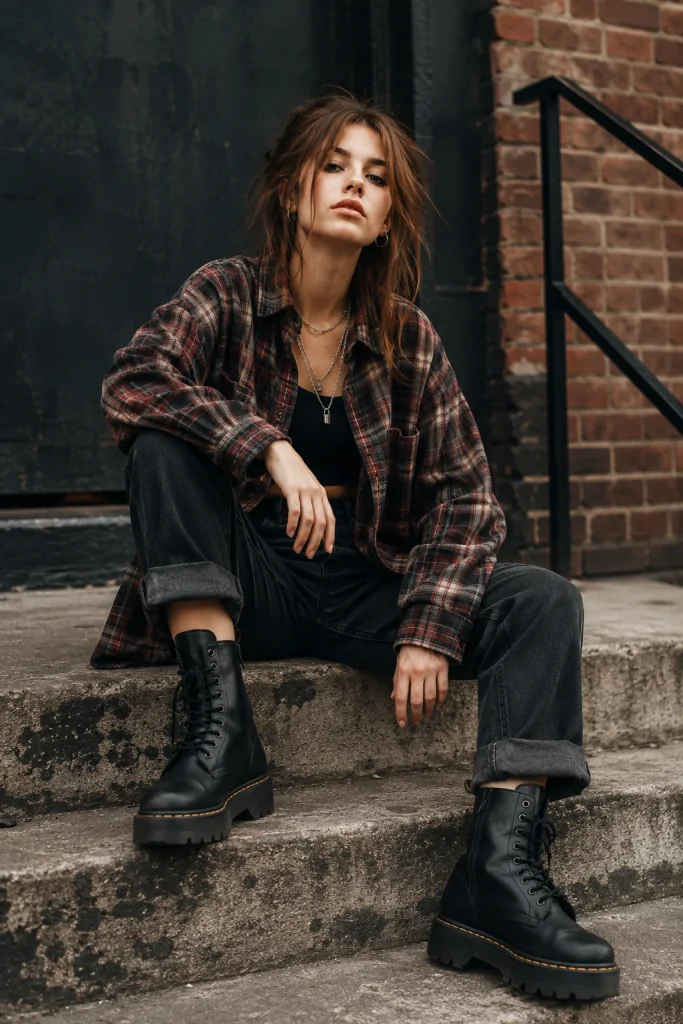 The Grunge Flannel and Combat Boots Combo