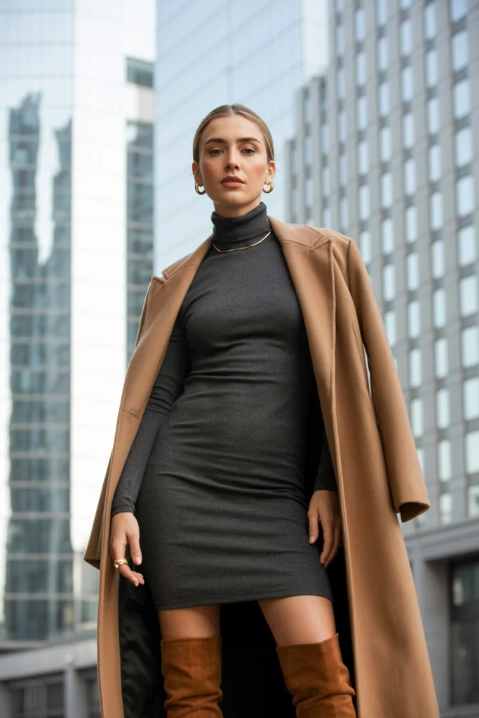Turtleneck Dress Paired with Knee-High Suede Boots