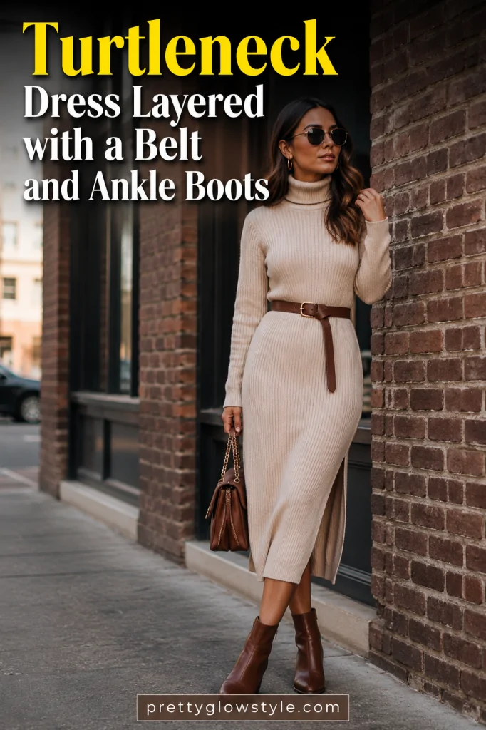 Turtleneck dress layered with a belt and ankle boots