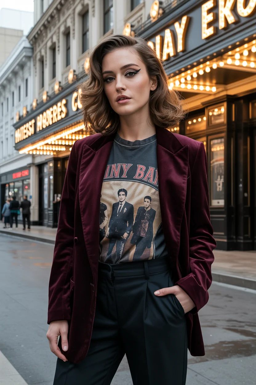 Velvet blazer over a graphic tee and tailored trousers