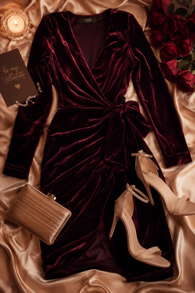Velvet wrap dress in deep burgundy