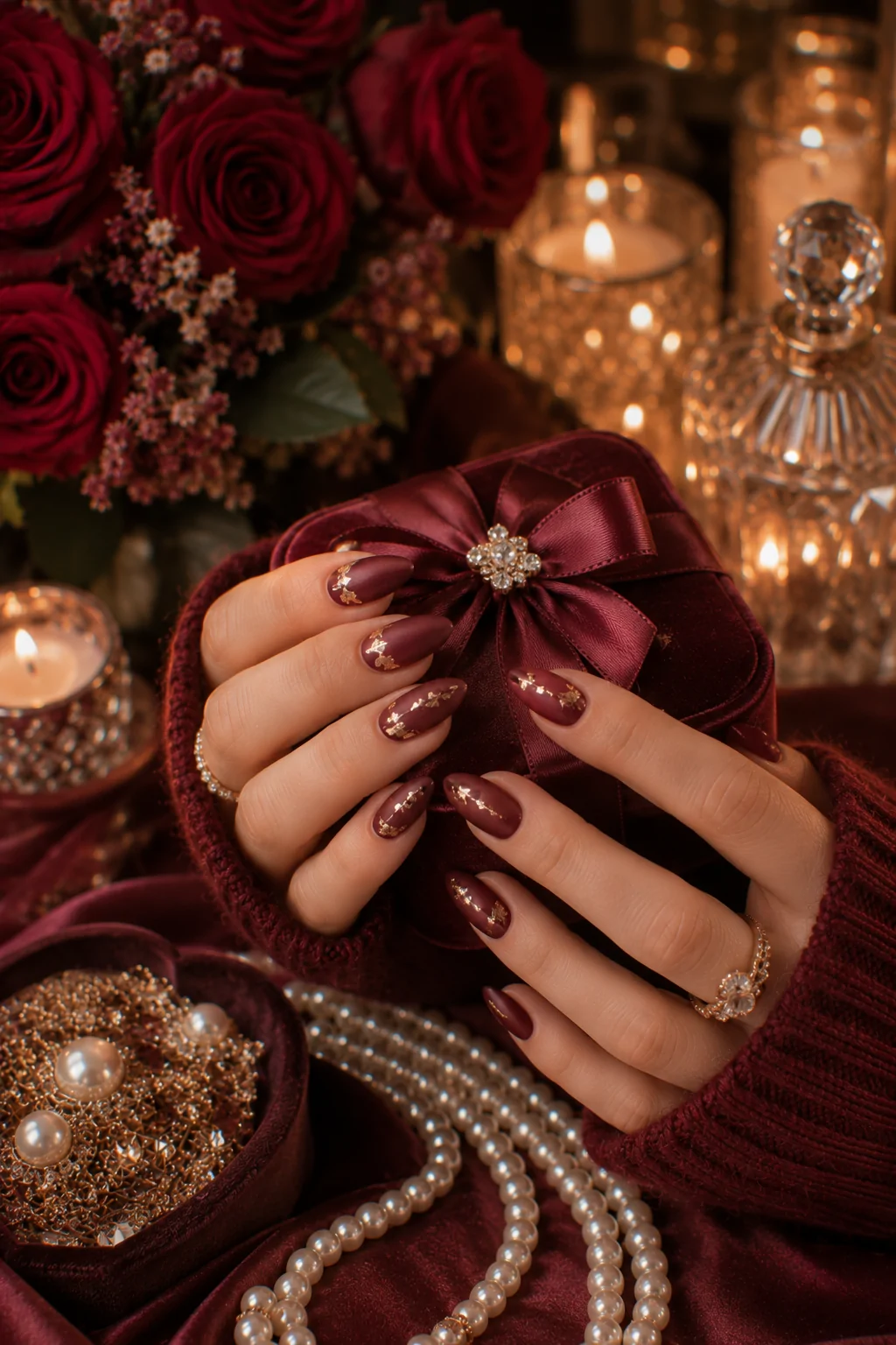 Velvety Maroon Nails Accented by Tiny Gold Foil Flakes