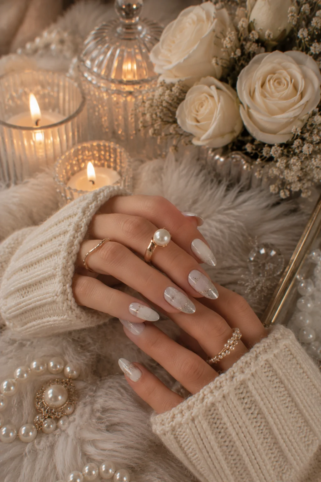 Winter White Nails Enhanced with Frosted Glitter Tips