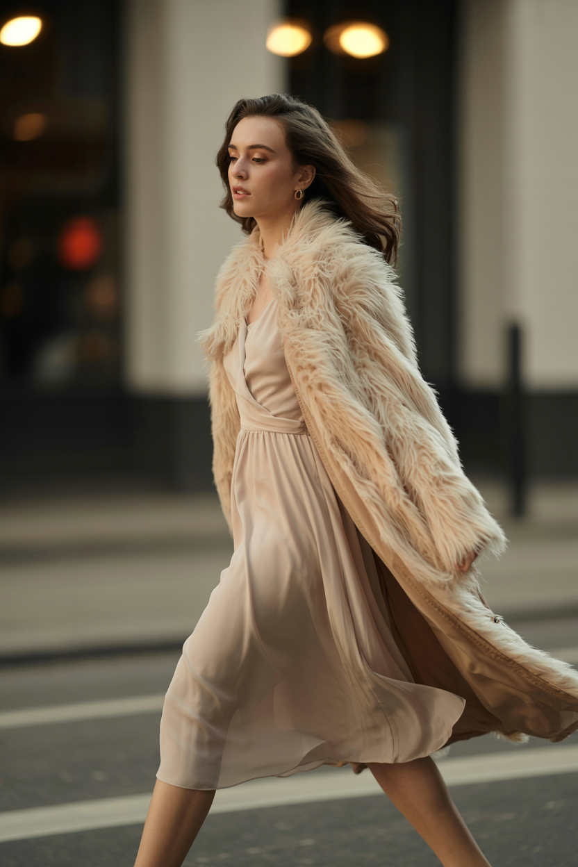 Flowy midi dress with a faux fur coat