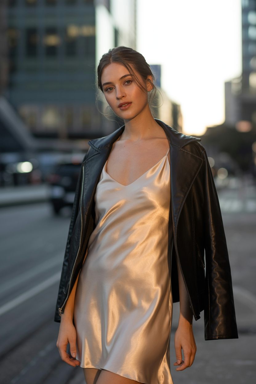 Leather jacket paired with a silk slip dress