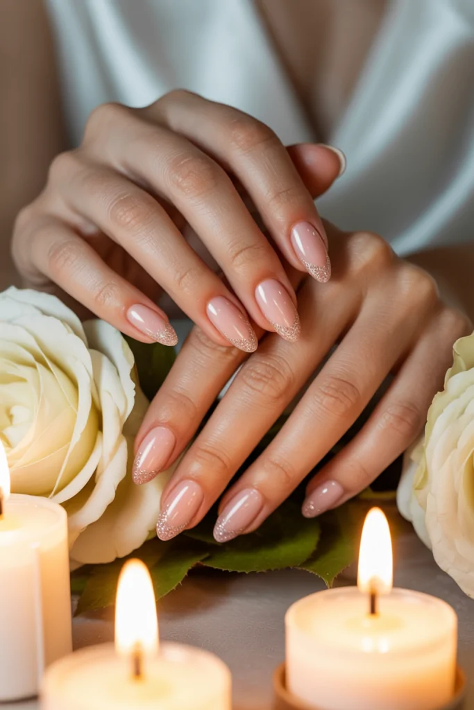 Sheer Pink French With Glitter Tips