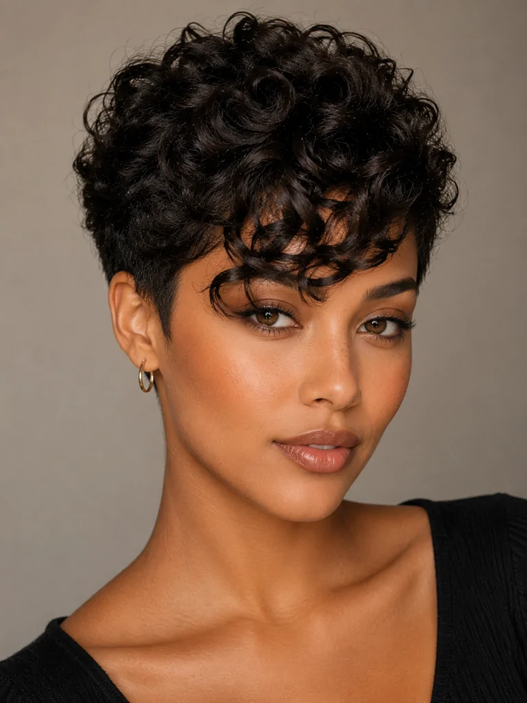 Short Curly Pixie with Side Swept Bangs