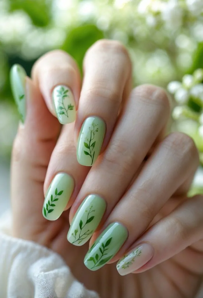 Green Nails With Gold Foil Accents