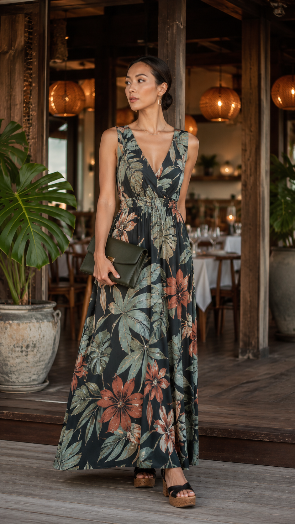  Tropical Print Maxi Dress with Platform Sandals