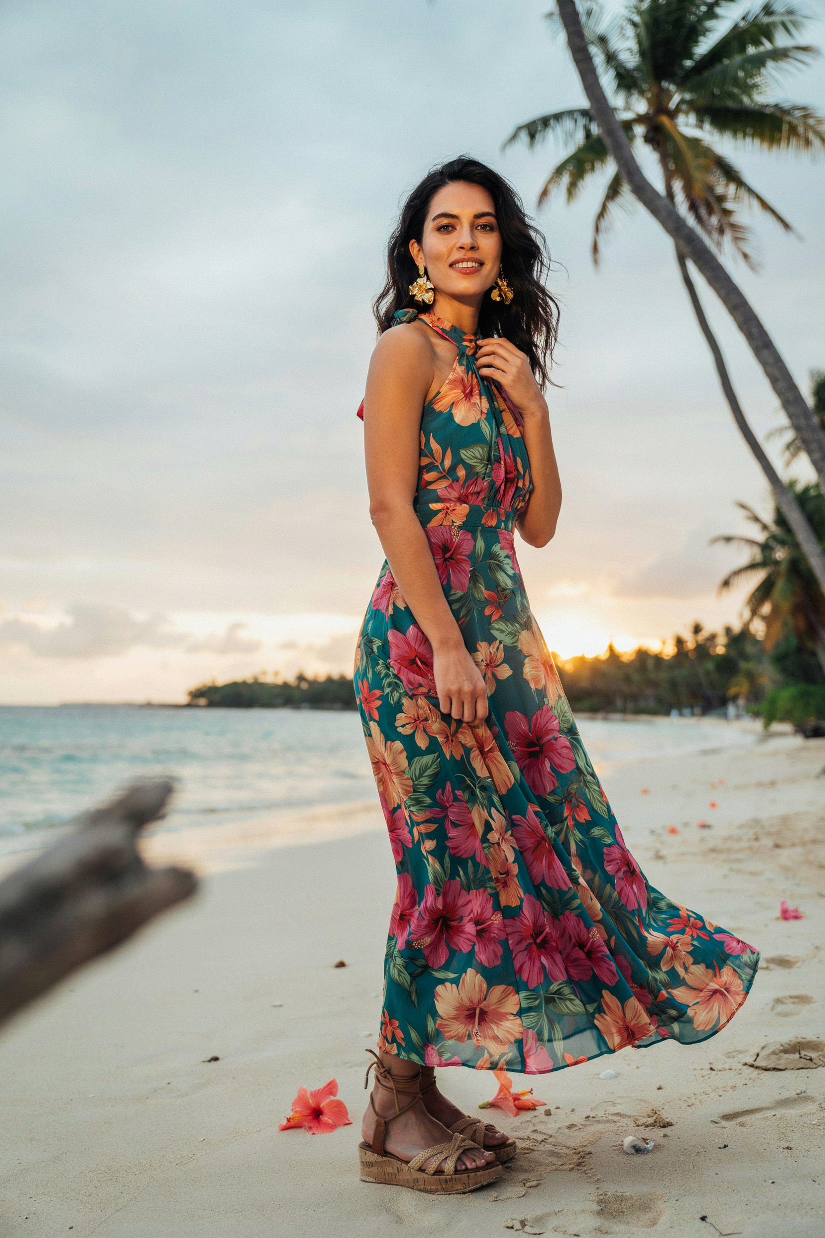 Halter Maxi Dress With Tropical Print
