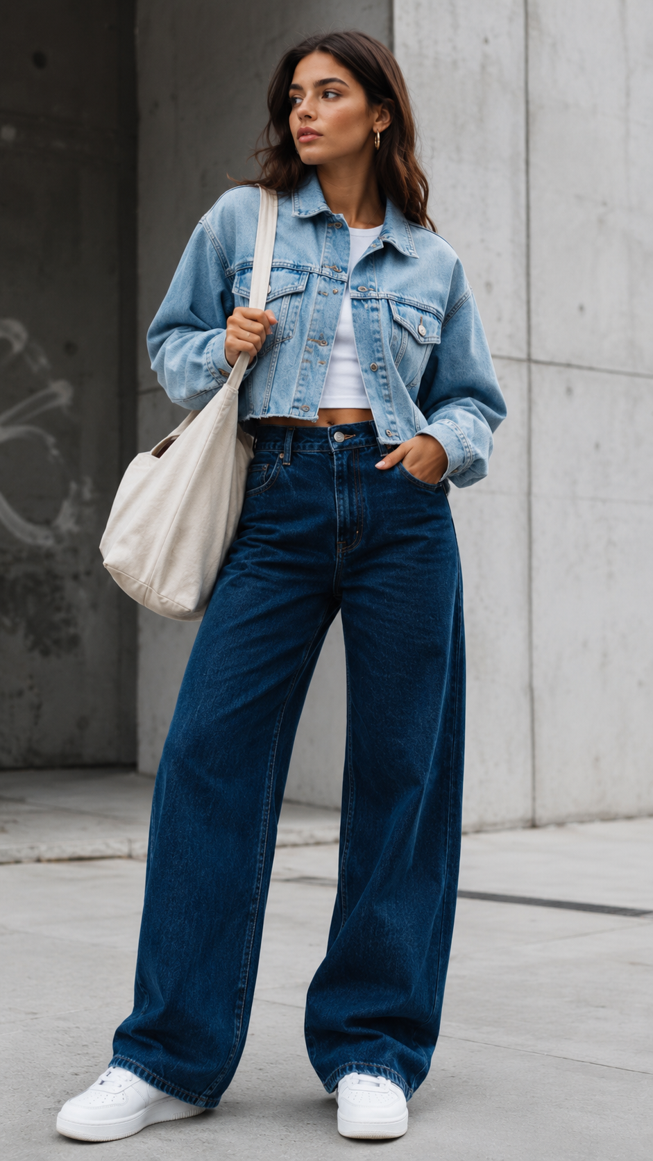 High-Waisted Wide Leg Trousers with Cropped Tops