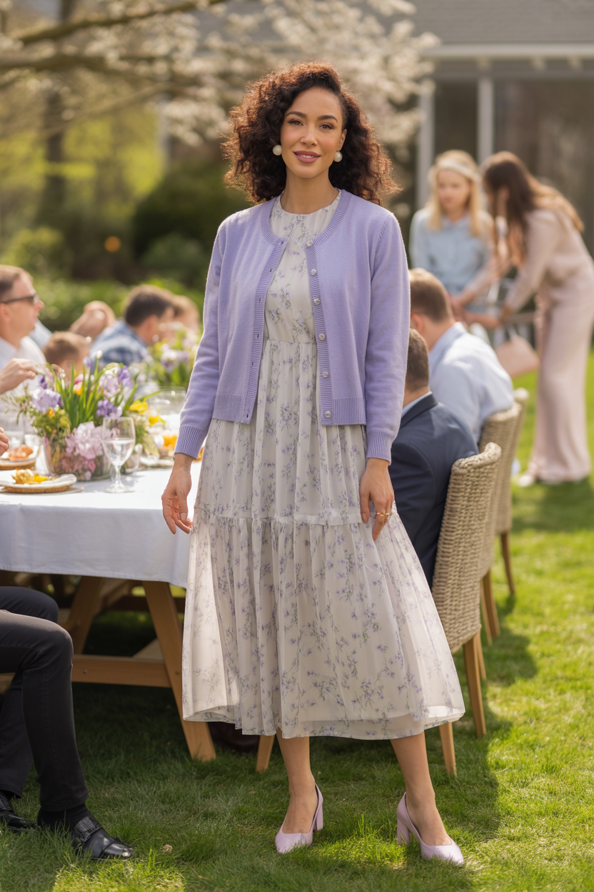 Pastel Floral Midi Dress With Cardigan