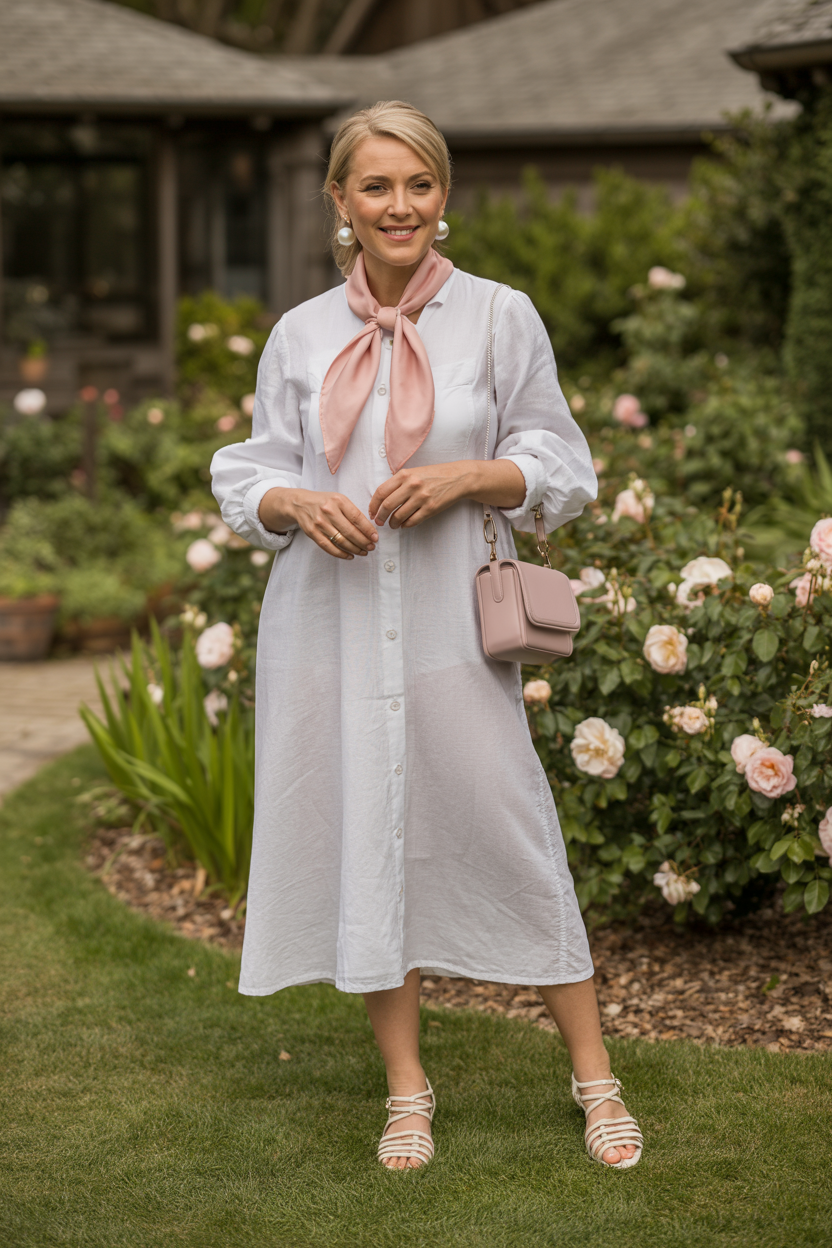 White Linen Dress With Pastel Accessories