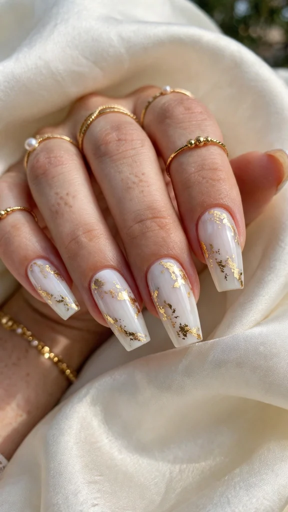 White Coffin Nails With Gold Foil