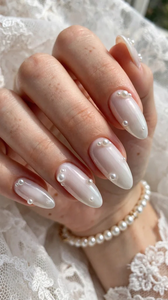 White Long Nails With Pearl Accents