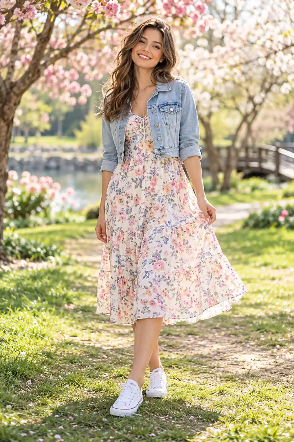 Light Denim Jacket with a Floral Dress